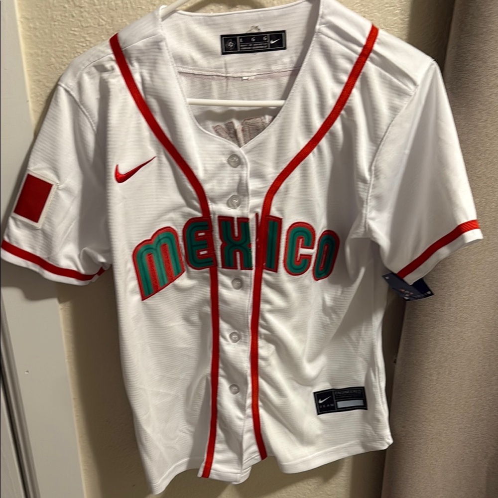 Nike White Mexico Baseball Jersey with Red and Green Trim